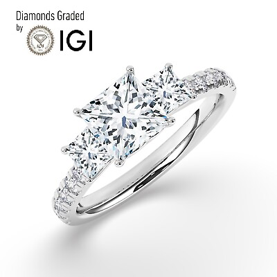 #ad IGI 2 CT Solitaire Lab Grown Princess Diamond Trilogy Ring 950 Platinum $2272.40