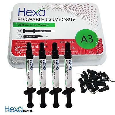 #ad Hexa A3 Flowable Composite Light Cure Low Viscosity 4 x 2gm Syringes 20 Tips $22.39
