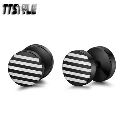 #ad TTStyle Black 8mm Surgical Steel Round multi Stripe Earrings Pair AU $10.99