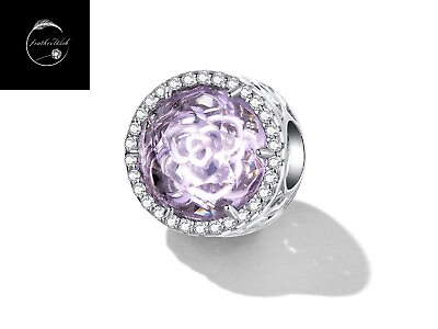 #ad Genuine Sterling Silver 925 Rose Flower Crystal Purple Round Bead Charm With CZ GBP 17.99