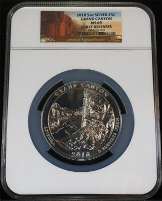 #ad 2010 .25C 5 oz. .999 Silver ATB Grand Canyon Nat#x27;l. Park NGC MS69 Early Releases $275.00