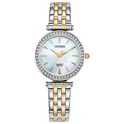 #ad Citizen Womens Quartz Crystal Accent Bezel Silver Gold Watch 30mm ER0216 67D $55.99
