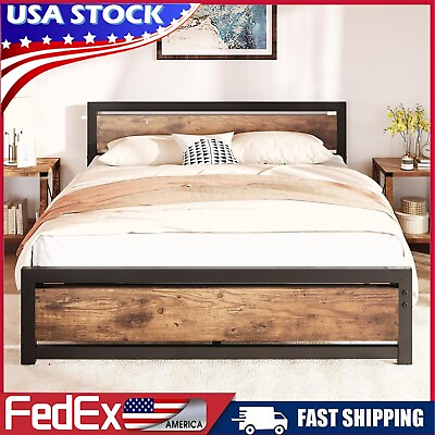 #ad Full Queen King Size Bed Frame with Wooden Headboard Heavy Duty Metal Platform $139.99
