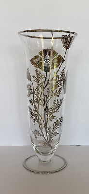 #ad Vintage Sterling Overlay Glass Trumpet Vase Elegant Floral Design 9 3 4” Tall $14.95