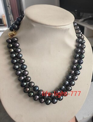 #ad Double strands 10 9mm AAA BLACK SOUTH SEA pearl necklaces 14K gold 18quot; 19quot; $99.99