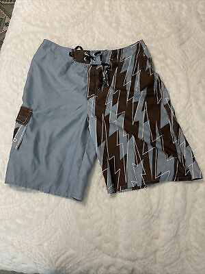#ad Tony Hawk Cargo Swim Shorts Size 34 Side Pocket Blue and Brown Graphics $12.99