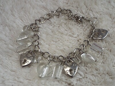 #ad Silvertone Glass Heart Bead Lock Charm Bracelet B59 $4.19