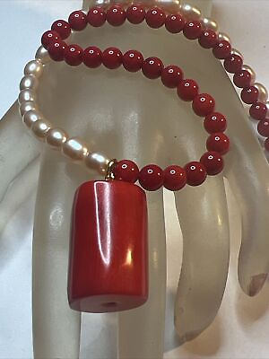 #ad NICE RED CORAL AND PEARL STERLING SILVER HAND MADE NECKLACE $175.00