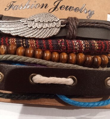 #ad Stacked Genuine Multi Strand  Leather Bracelet Adjustable 4 Bracelets  Cuff  $12.00