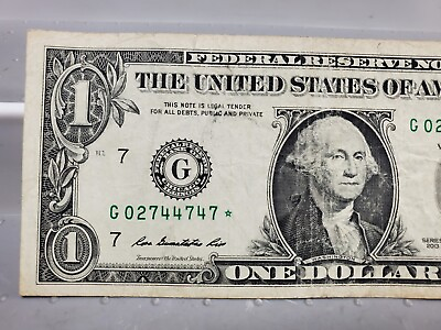 #ad $1 Star Note Serial G 02744747* 2013 Series 1 Dollar Bill Chicago US Money $7.99