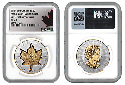 #ad 2024 Canada 1 oz Silver Maple Leaf Super Incuse Gilded NGC PF 70 1ST Day Issue $394.95