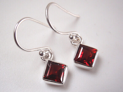#ad Very Small Faceted Garnet Square 925 Sterling Silver Dangle Earrings $15.99