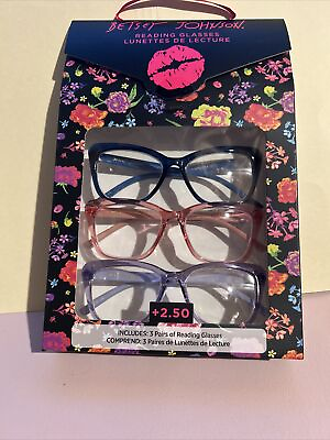 #ad BETSEY JOHNSON 3 Pair Reading Glasses CAT#x27;S EYE Blue pink purple NEW 2.50 $17.99