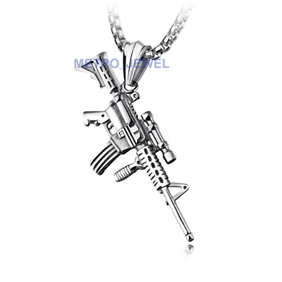#ad Mens Boys Cool Stainless Steel Army M4 Rifle Gun Pendant Necklace Chain Set $11.99