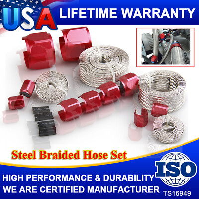 #ad Red New Steel Braided Hose Set Engine Dress Up Kit Radiator Vacuum Fuel Oil Line $29.69