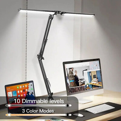 #ad Double Head LED Desk Lamp Clamp Swing Arm Eye Caring Dimmable 10Brightness Level $26.99