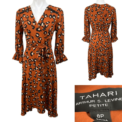 #ad Tahari ASL dress 8p animal print midi 3 4 sleeve faux wrap office career church $19.80
