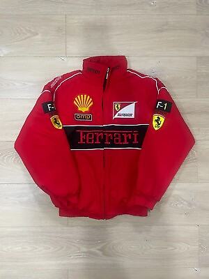 #ad Vintage Ferrari Racing Jacket Embroidered Cotton Padded F1 Ferrari Jacket Red $75.00