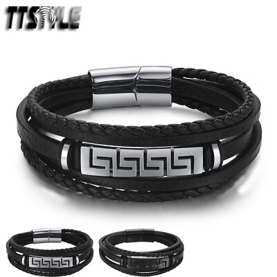 #ad TTstyle Black Leather 316L Stainless Steel Greek Key Bracelet NEW Arrival AU $27.99