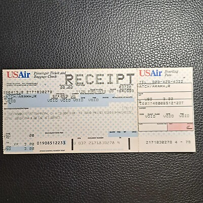 #ad Vintage US Air Passenger Ticket And Baggage Check Receipt $5.50