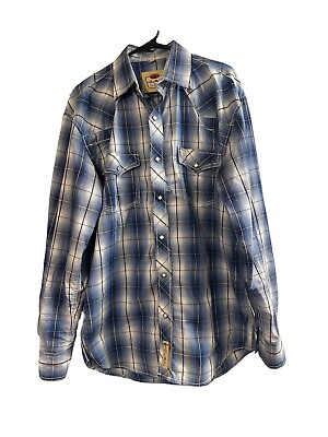 #ad Larry Mahan Cowboy Collection Long Sleeve Pearl Snap Shirt Mens L Blue Plaid $19.99
