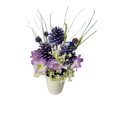 #ad Springtime Pinecone Floral Arrangement Purple and White with Vase 20#x27;#x27; x 9#x27;#x27; $40.00