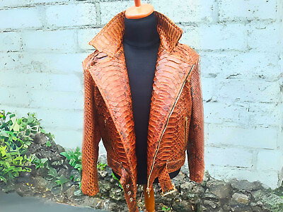#ad Brown Motorcycle Leather Jacket for Men Real Dragon scales of Python Snake Skin $1200.00