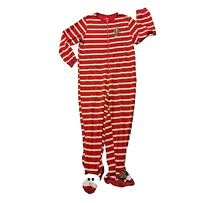#ad Nick amp; Nora XL Sock Monkey Adult Footie Pajamas Red amp; White Stripes Fleece $21.60