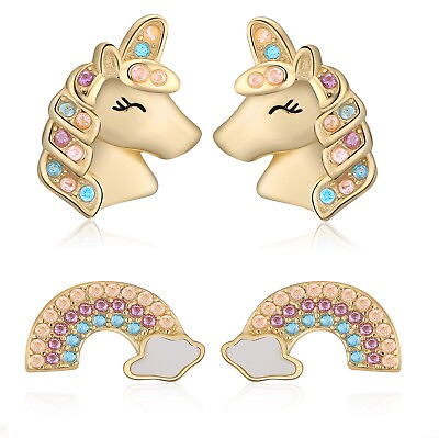 #ad Buyless Fashion Toddler Girls 14K Plated Rainbow Unicorn Earring Sterling Silver $14.67