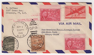 #ad 1946 Nov 1st. Return to Sender Air Mail. New York to Santiago Chile. AU $9.50