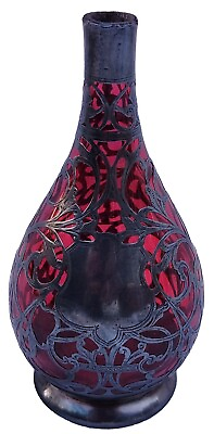 #ad Rare Antique Sterling Silver Overlay 6quot; Cranberry Ruby Glass 6quot; Vase Hallmarked $449.00
