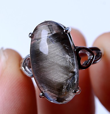 #ad 22.80ct Natural Silver Rutilated Quartz Titanium Crystal Adjustable Silver Ring $299.99