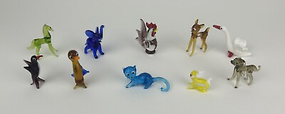 #ad Vintage Lot 10 Assorted Miniature Hand Blown Colored Glass Animal Figurines $17.95
