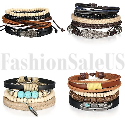 #ad 6Pcs Set Multilayer Leather Bracelet Men#x27;s Women Wristband Bangle Jewelry Set $8.99