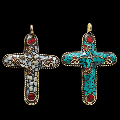 #ad PEARL WITH SANTA TURQUOISE GEMSTONE NEPALI GOLD PLATED 2 PIC CROSS PENDANT 3.1quot; $21.37
