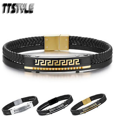 #ad TTstyle Black Leather 316L Stainless Steel Greek Key Magnet Buckle Bracelet NEW AU $29.99