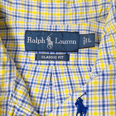 #ad POLO Ralph Lauren Classic Fit Shirt Mens Sz Large Blue Yellow Plaid Button Front $13.99