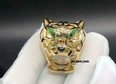 #ad 1.20Ct Lab Created Green Emerald Men#x27;s Panther Head Ring 14K Yellow Gold Plated $167.19