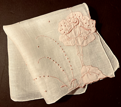 #ad Gorgeous White Bridal Fine Handkerchief Pink Applique Work Polka dot Embroidery $6.50