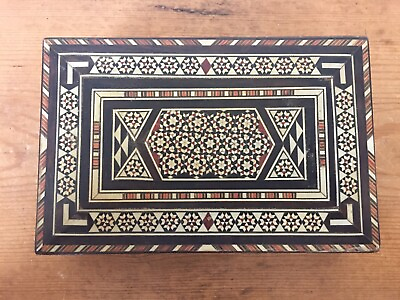 #ad Vtg Moroccan Mosaic Inlay Mother Pearl Bone Marquetry Wood Trinket Jewelry Box $112.50