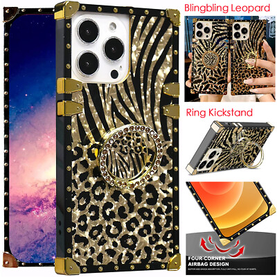 #ad Sparkle Leopard Pattern Square Case Cover Metal Ring Stand for iPhone Samsung $4.99