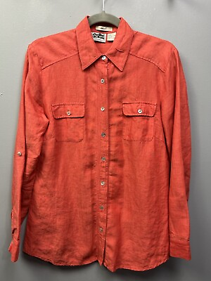#ad Edward Blouse Womens Small Dark Coral Long Sleeve Button Front Irish Linen $13.59