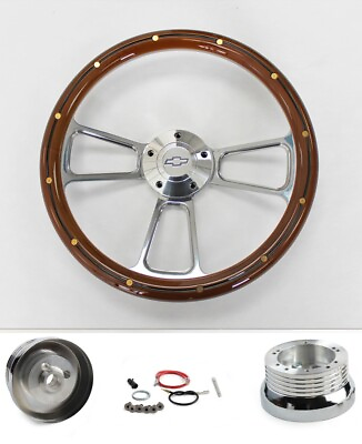 #ad 1957 1968 Impala Bel Air Mahogany w rivets Billet Steering Wheel 14quot; Bowtie Cap $232.29