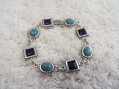 #ad Silvertone Blue Bead Link Bracelet D17 $7.98