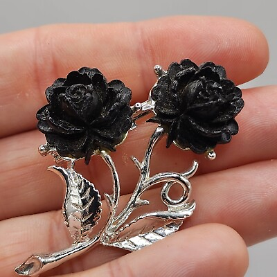 #ad Black Flowers Brooch Silver Tone 2quot; $14.99