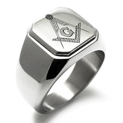 #ad Stainless Steel Masonic Floral Compass Mens Square Biker Style Signet Ring $16.99
