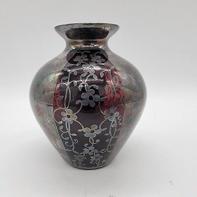 #ad Antique Purple Glass Sterling Overlay Floral Motif Vase Vintage $65.00