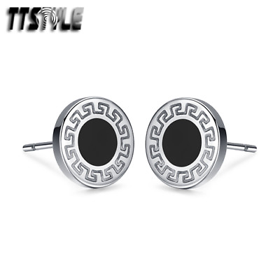 #ad TTstyle Black Stainless Steel Greek Key Stud Earrings A Pair AU $7.99