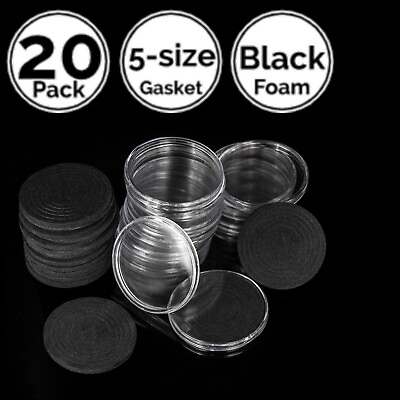 #ad 20 Pack 46 mm Coin Capsule Holders w 20 25 30 35 40 46mm Black Gasket $9.95