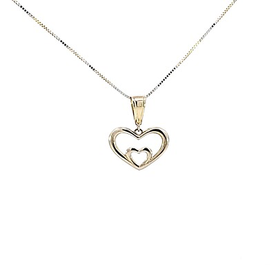 #ad 10K Solid Real Gold Valentine Double Heart Charm Pendant with Box Chain $140.89